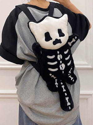 Plush Skeleton Cat Backpack with Tail – on model, back view | XoKool