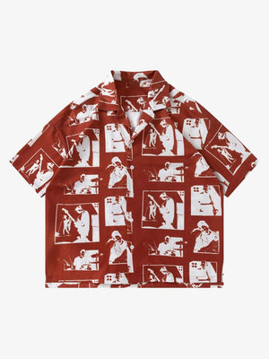 Camisa de cuello campamento con estampado de silueta de artista – Rojo óxido, vista frontal | XoKool