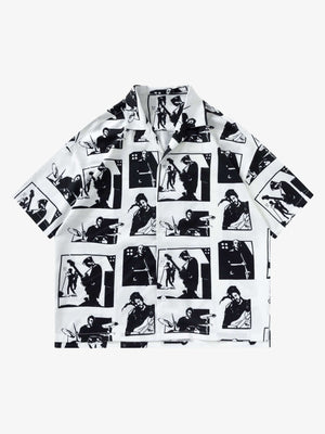 Camisa de cuello campamento con estampado de silueta – Blanco, vista frontal | XoKool