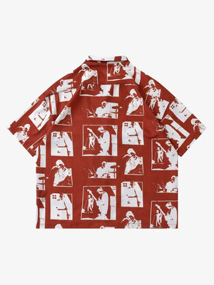 Camisa de cuello campamento con estampado de silueta – Rojo óxido, vista trasera | XoKool