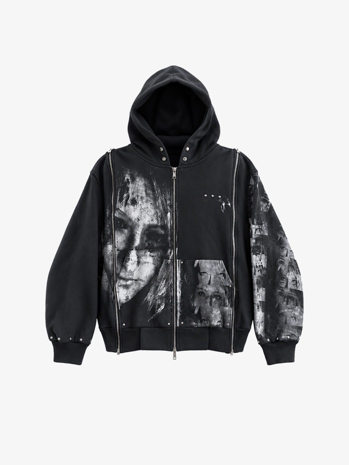 Hoodie con doble cierre y estampado de retrato en negro lavado – Negro, vista frontal | XoKool