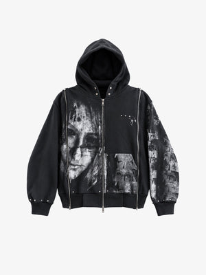 Hoodie con doble cierre y estampado de retrato en negro lavado – Negro, vista frontal | XoKool