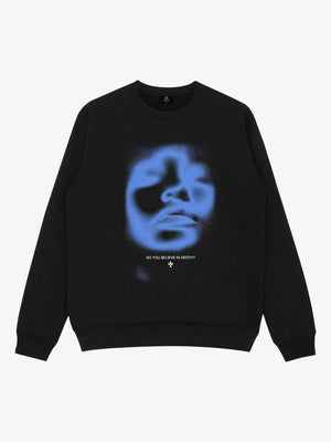 Sudadera cuello redondo negra con estampado de cara azul – Negro, vista frontal | XoKool