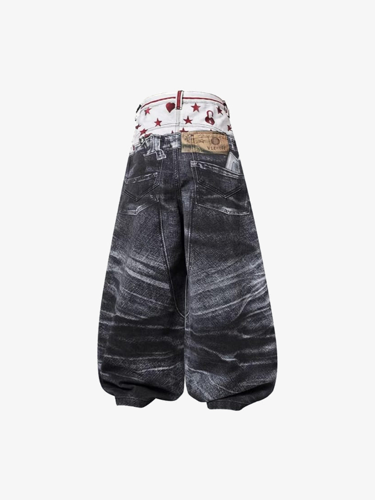 Printed Wide Leg Pants with Denim Illusion Print – back flat | XoKool