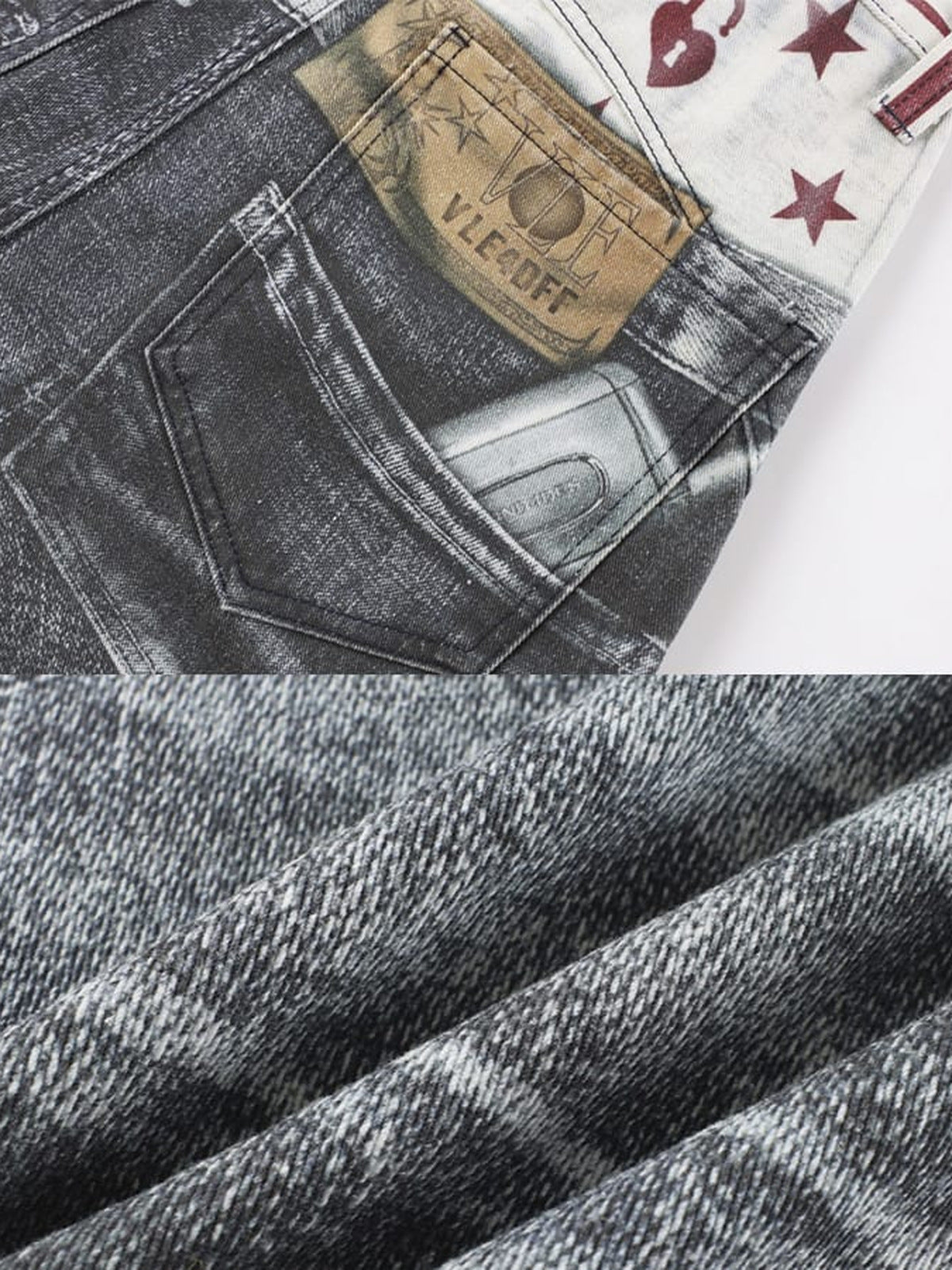 Denim Print Wide Leg Pants – back patch and fabric close-up | XoKool