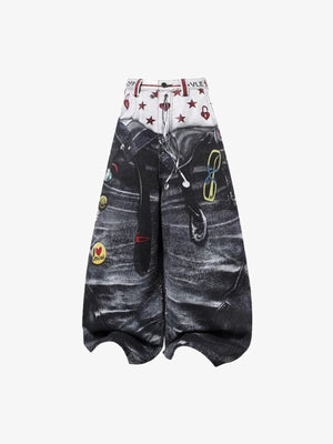 Printed Wide Leg Pants with Denim Illusion Print – Blue, front flat | XoKool