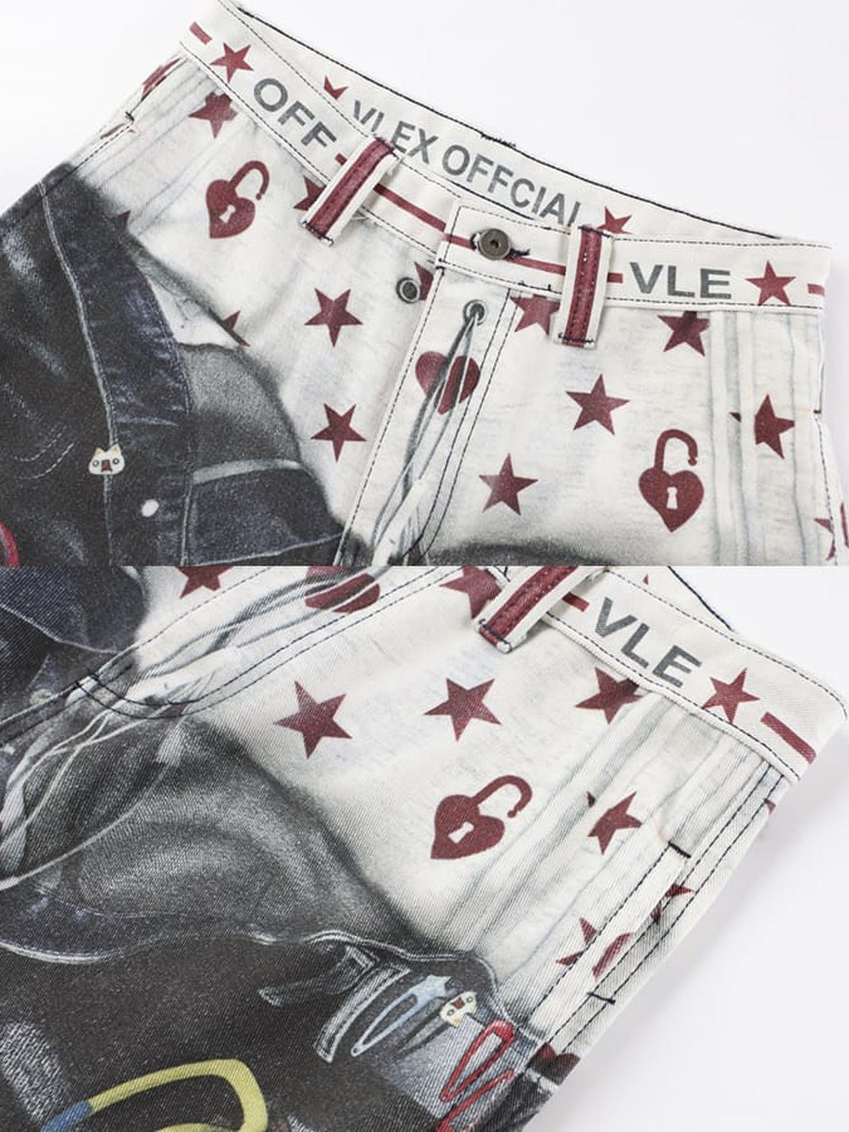 Denim Print Wide Leg Pants – waistband print close-up | XoKool