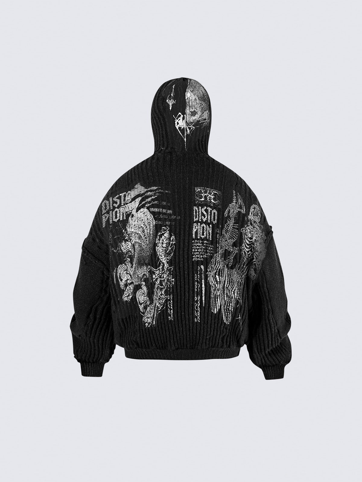Punk Collage Strick-Hoodie mit Sturmhaube – Schwarz, Rückansicht | XoKool
