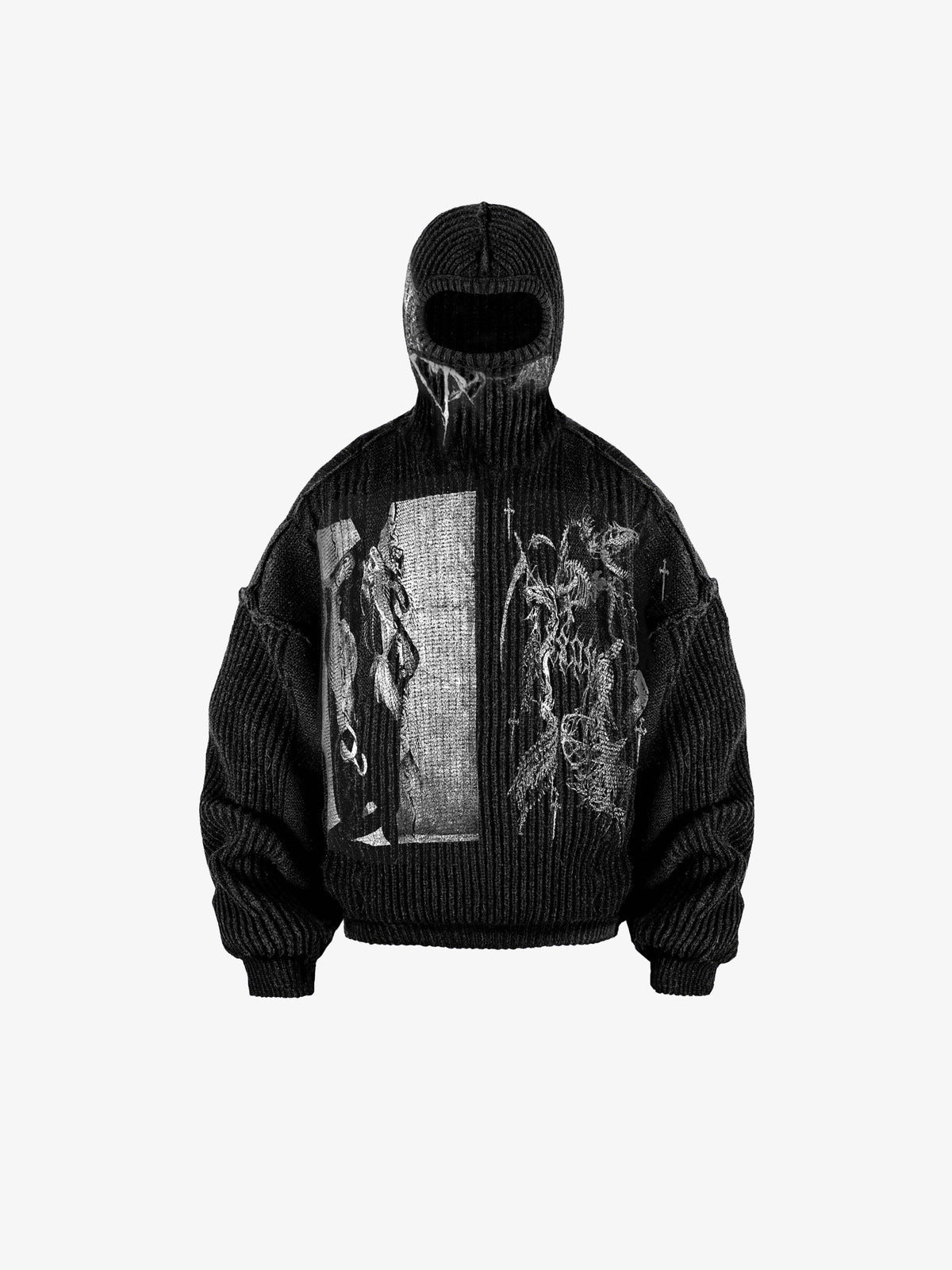 Punk Collage Strick-Hoodie mit Sturmhaube – Schwarz, Vorderansicht | XoKool