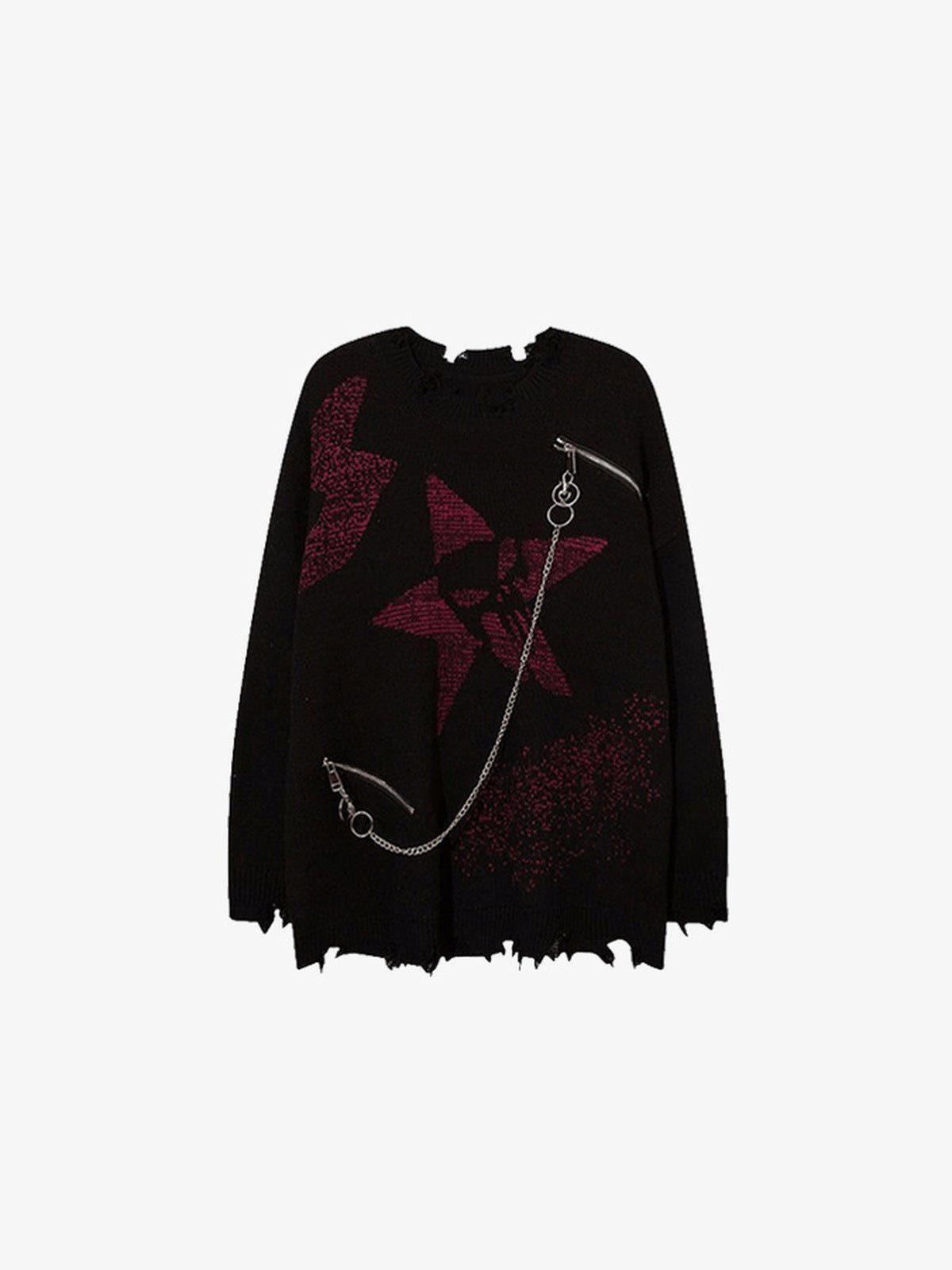 Punk Star Distressed Strickpullover mit Kette – Schwarz, Vorderansicht | XoKool