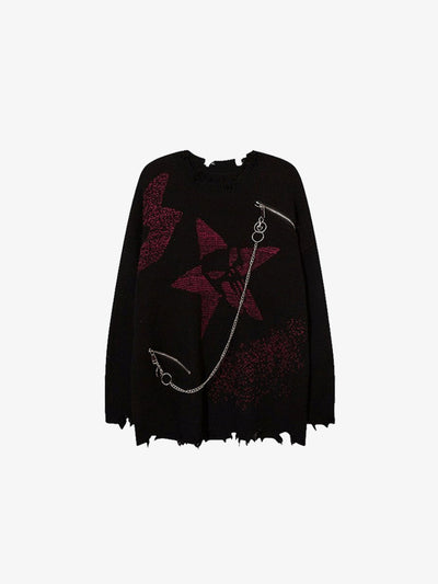 Maglione Punk Star in Maglia Effetto Consumato con Catena