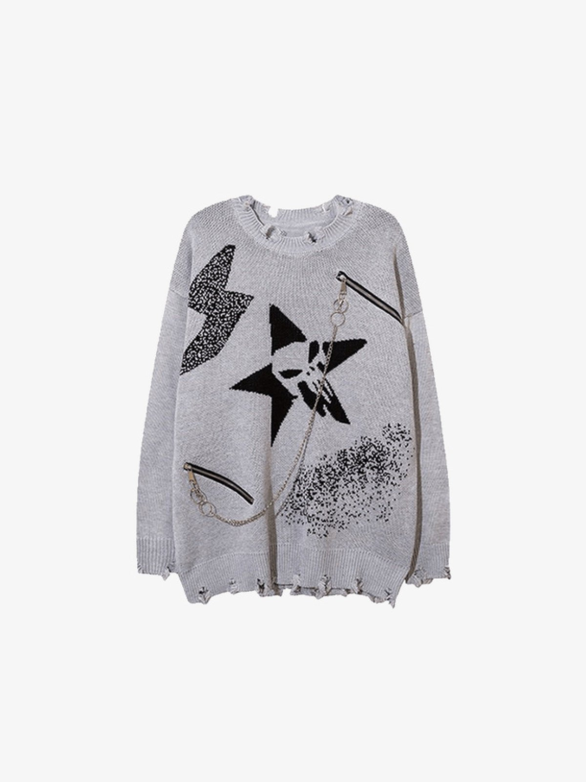 Punk Star Distressed Strickpullover mit Kette – Hellgrau, Vorderansicht | XoKool