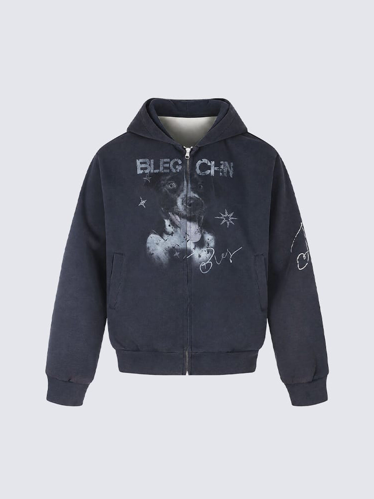 Hoodie con cierre y estampado de cachorro – azul marino, plano frontal | XoKool