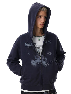 Puppy Graphic Zip Hoodie – am Model, Navy, Kapuze auf | XoKool