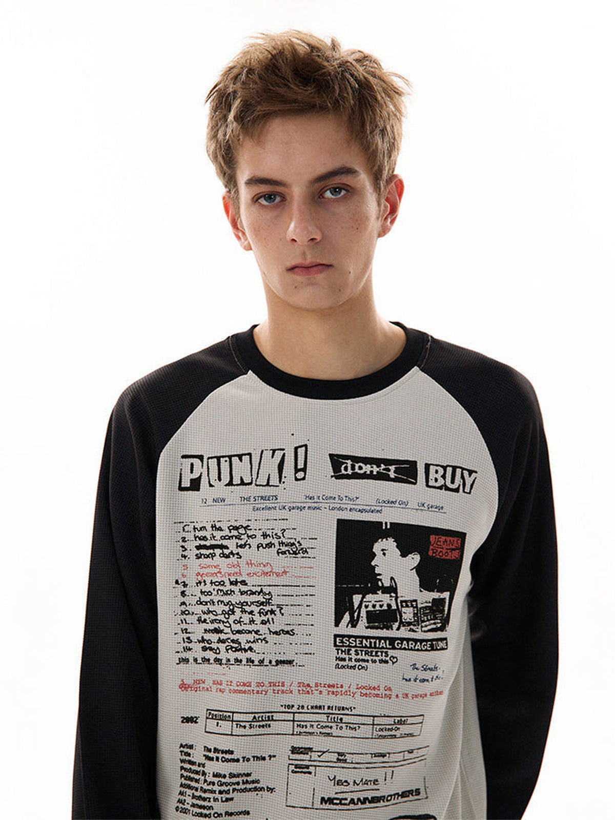 Raglan Long Sleeve Shirt with Newspaper Print – On model, front close | XoKool