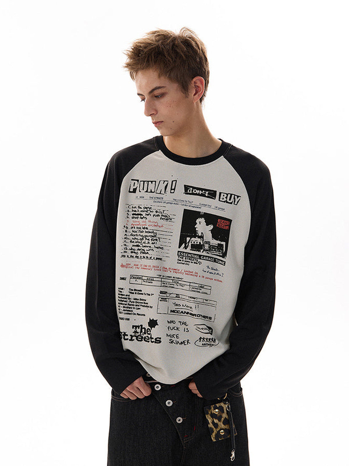 Raglan Long Sleeve Shirt with Newspaper Print – On model, front | XoKool