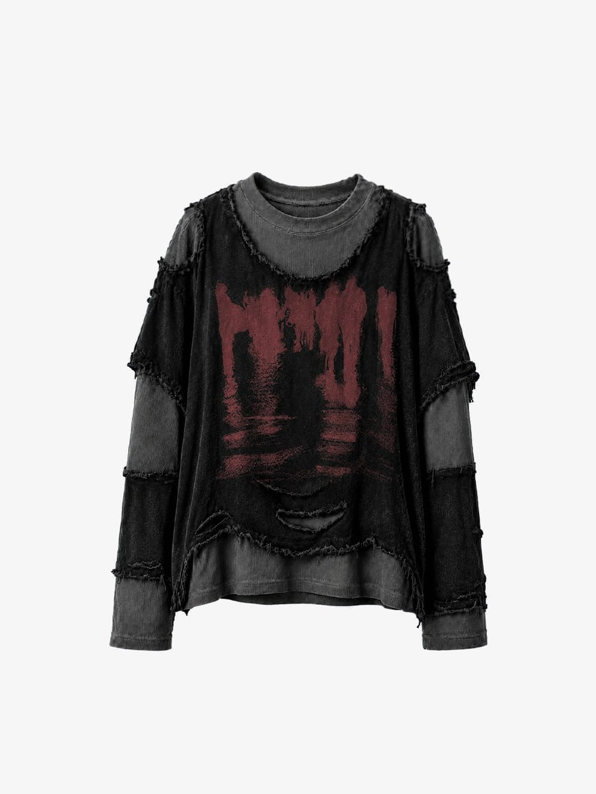 Raw Edge Layered Long Sleeve Tee with Red Print – Black, front view | XoKool
