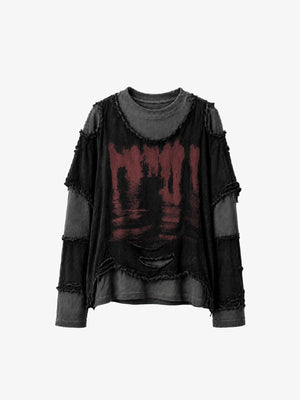 Raw Edge Layered Long Sleeve Tee with Red Print – Black, front view | XoKool