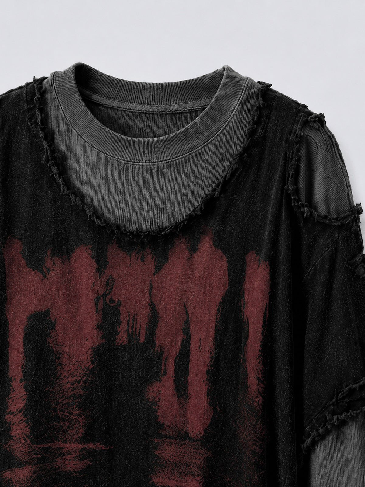 Layered raw edge tee – collar and print close-up | XoKool
