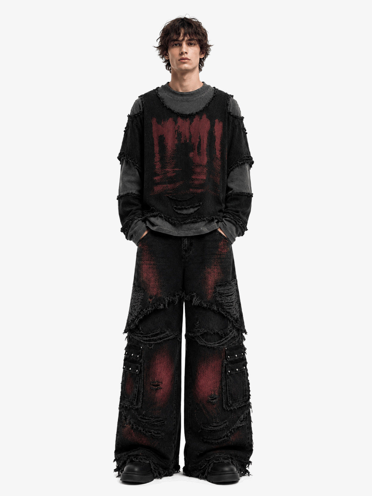 Raw Edge Layered Long Sleeve Tee with Red Print – on model, front | XoKool