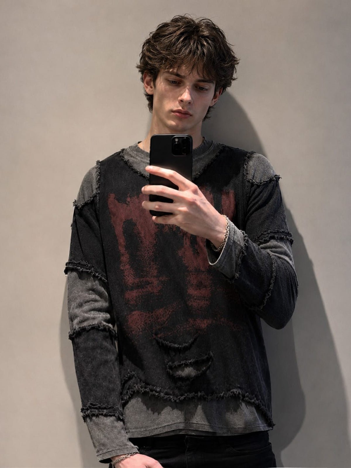 Raw Edge Layered Long Sleeve Tee with Red Print – on model, mirror photo | XoKool