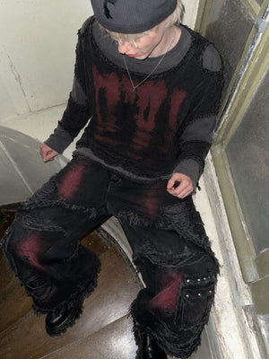 Layered raw edge tee – on model, seated | XoKool