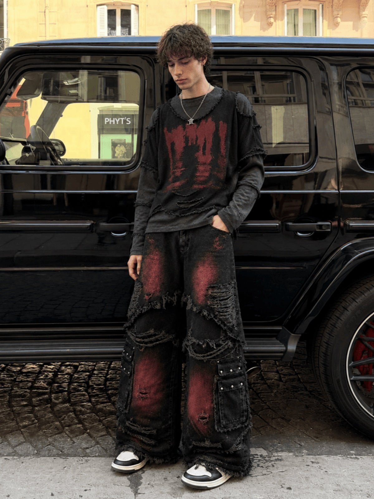 Layered raw edge tee – street photo by car | XoKool