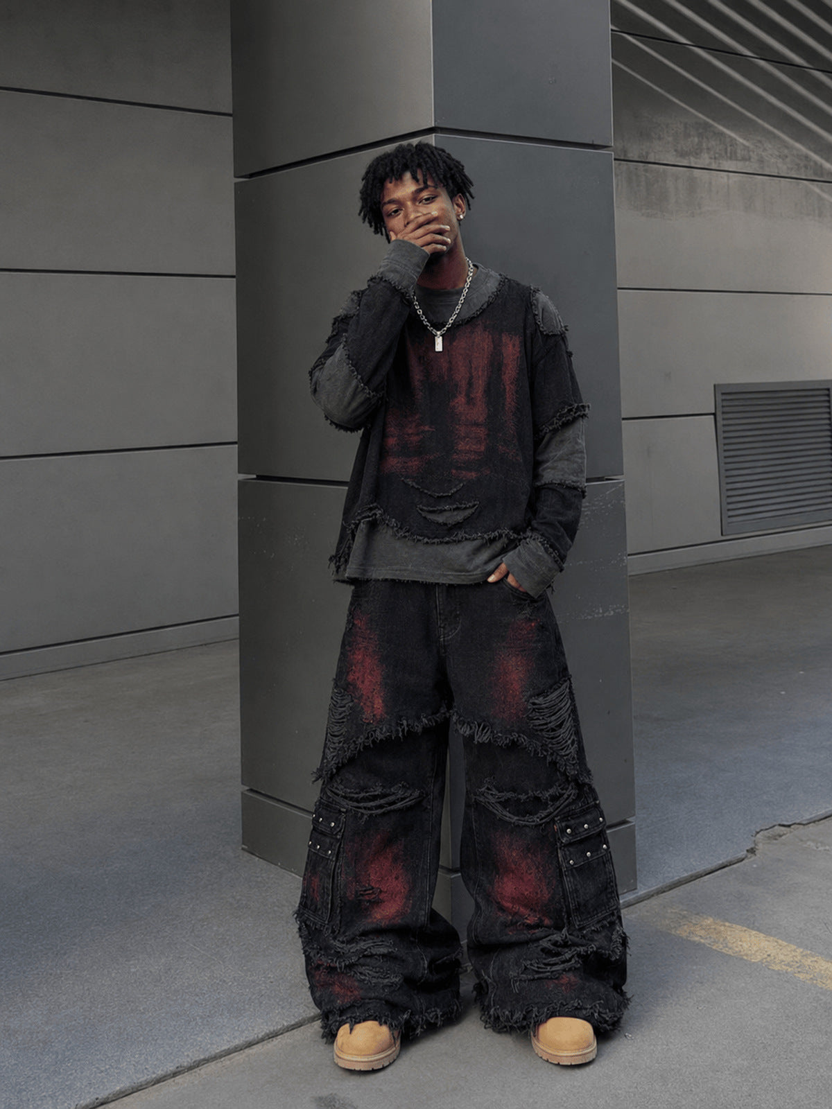 Layered raw edge tee – street photo, full outfit | XoKool