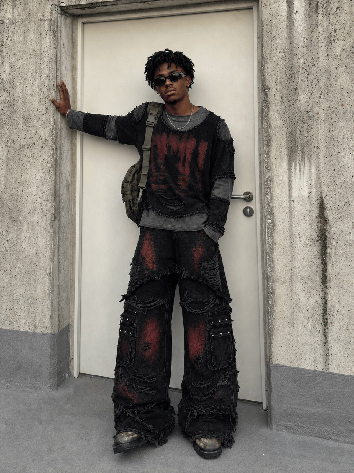 Layered raw edge tee – street photo, on model (side) | XoKool