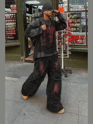 Raw Edge Layered Long Sleeve Tee with Red Print – street photo, on model | XoKool
