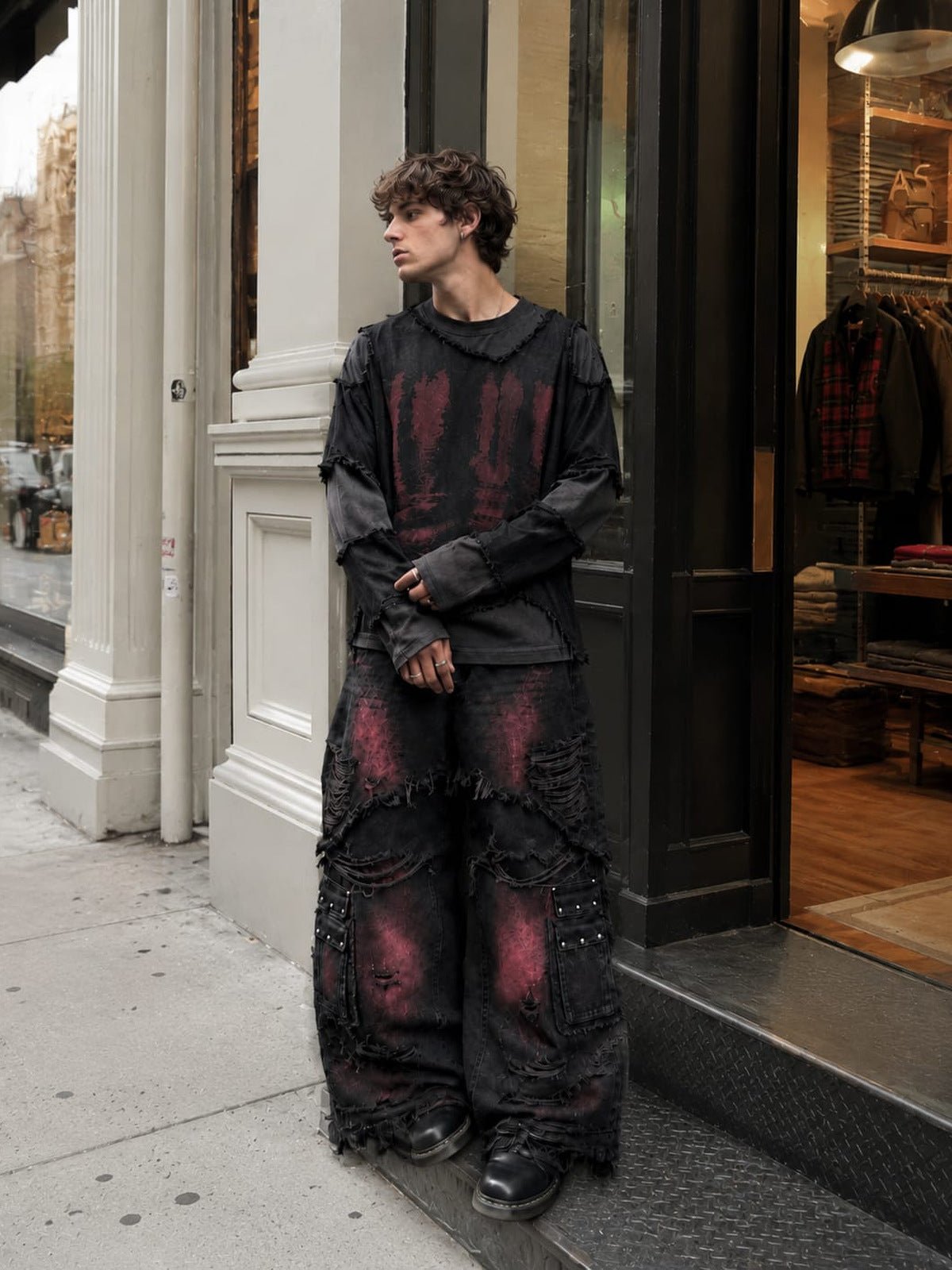 Layered raw edge tee – street photo, standing | XoKool