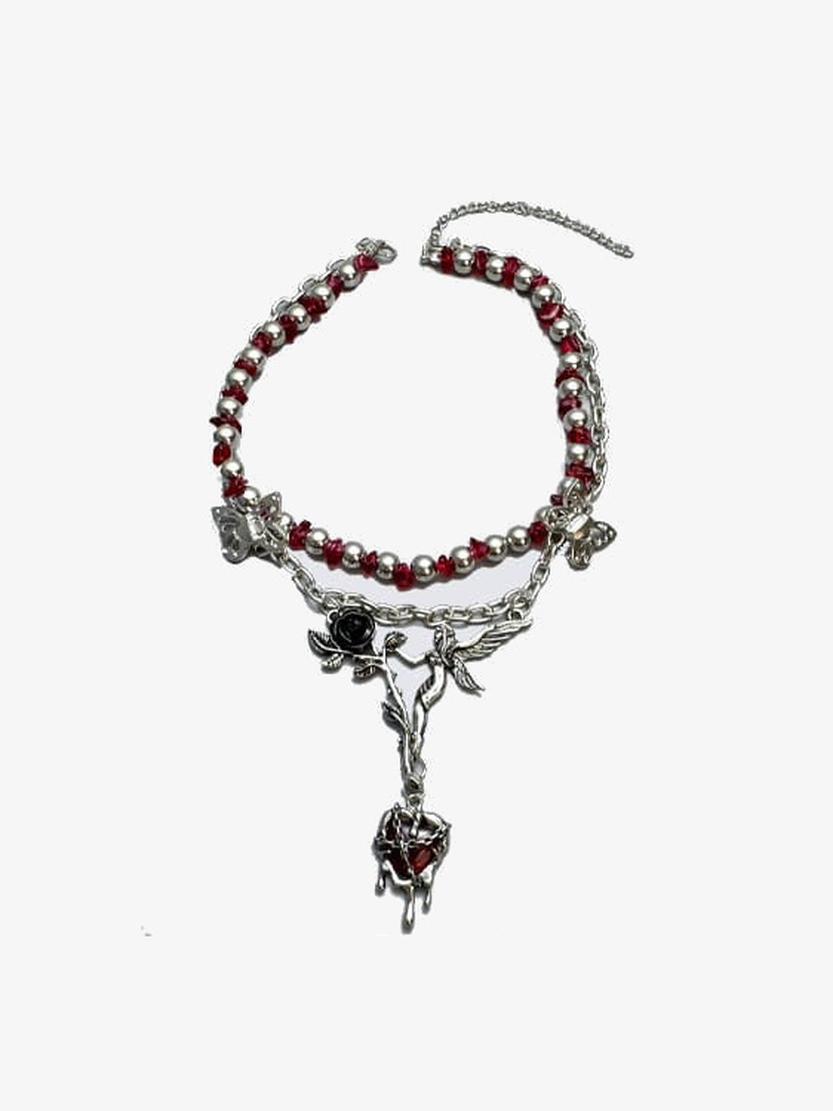 Red Bead Choker with Rose and Butterfly Charms – product shot on grey | XoKool