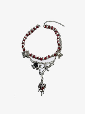 Red Bead Choker with Rose and Butterfly Charms – product shot on grey | XoKool