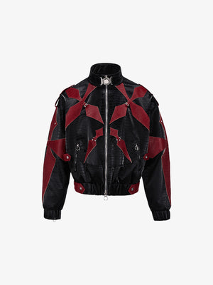 Red and Black Croc-Embossed Patchwork Jacket – Black-Red, front view | XoKool