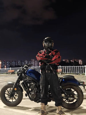 Red and Black Croc-Embossed Patchwork Jacket – street photo with motorcycle | XoKool