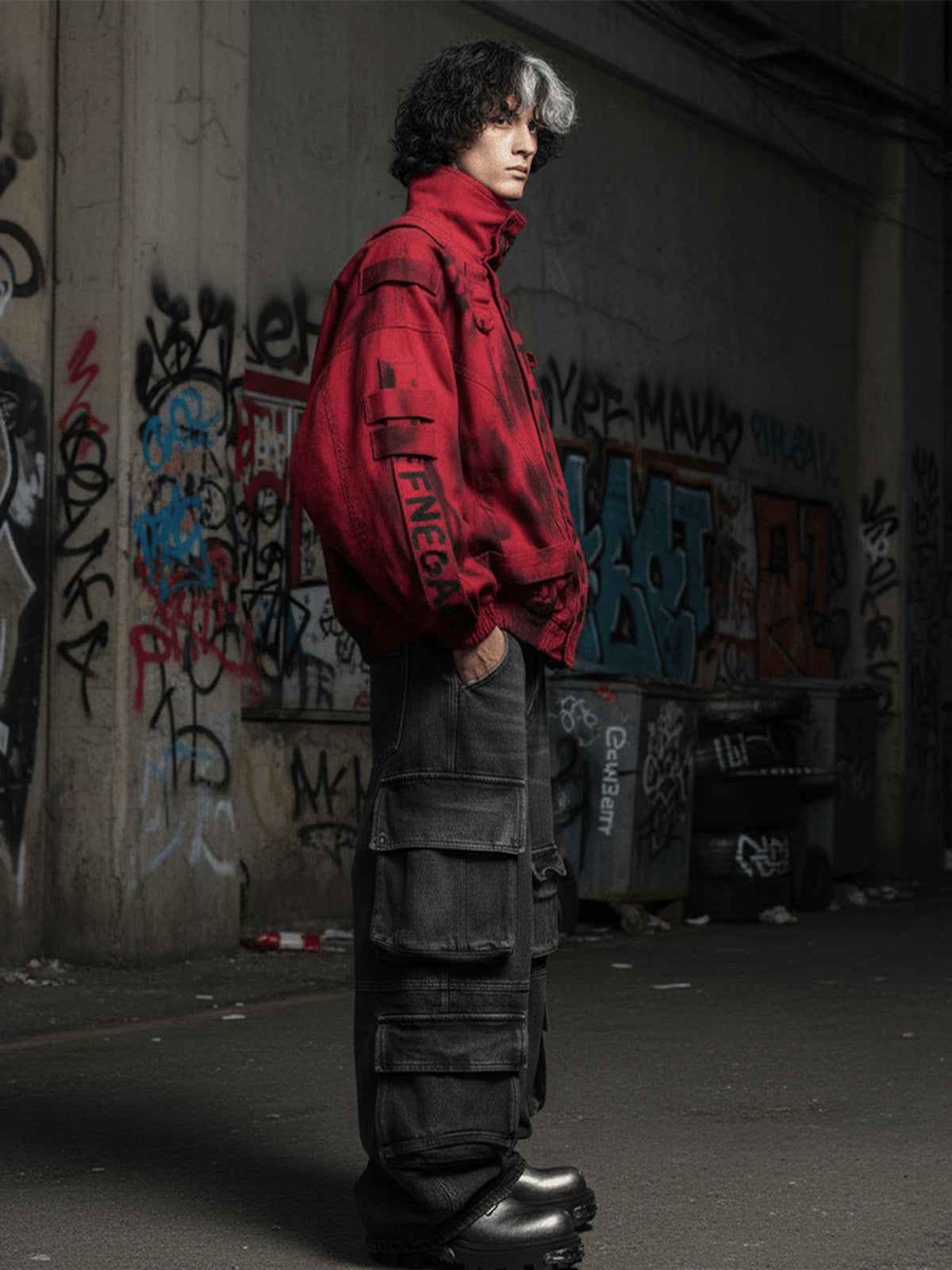 Chaqueta de cuello alto con estampado spray rojo y negro – foto urbana, lateral | XoKool