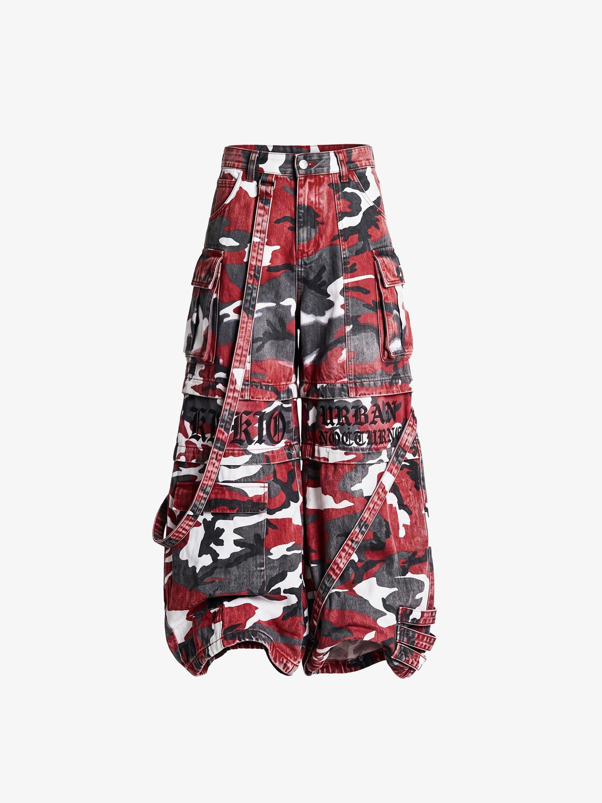 Rote Camo Baggy Cargohose mit Riemen – Rot Camo, Vorderseite flach | XoKool