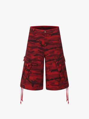 Rote Camo Wide Leg Cargoshorts – Rotes Camo, Vorderseite flach | XoKool