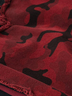 Red Camo Wide Leg Pants with Raw Hem – Camo fabric and raw edge close-up | XoKool