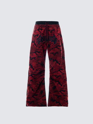 Red Camo Wide Leg Pants with Raw Hem – Red camo, front view | XoKool