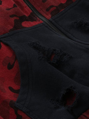 Hoodie con cierre de camuflaje rojo – detalle del bolsillo negro desgastado | XoKool