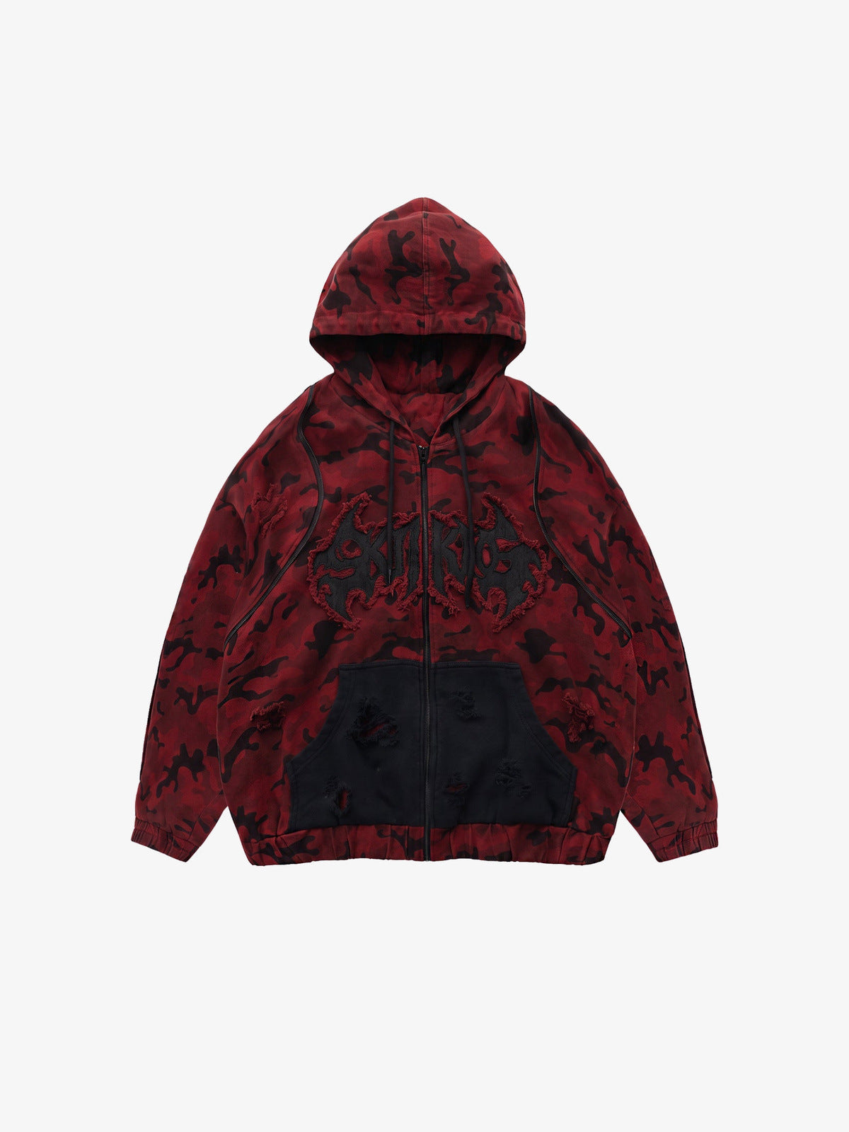 Roter Camo Zip Hoodie mit Distressed-Tasche – Vorderansicht | XoKool