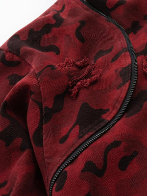 Hoodie con cierre de camuflaje rojo – cierre en el hombro y detalle desgastado | XoKool