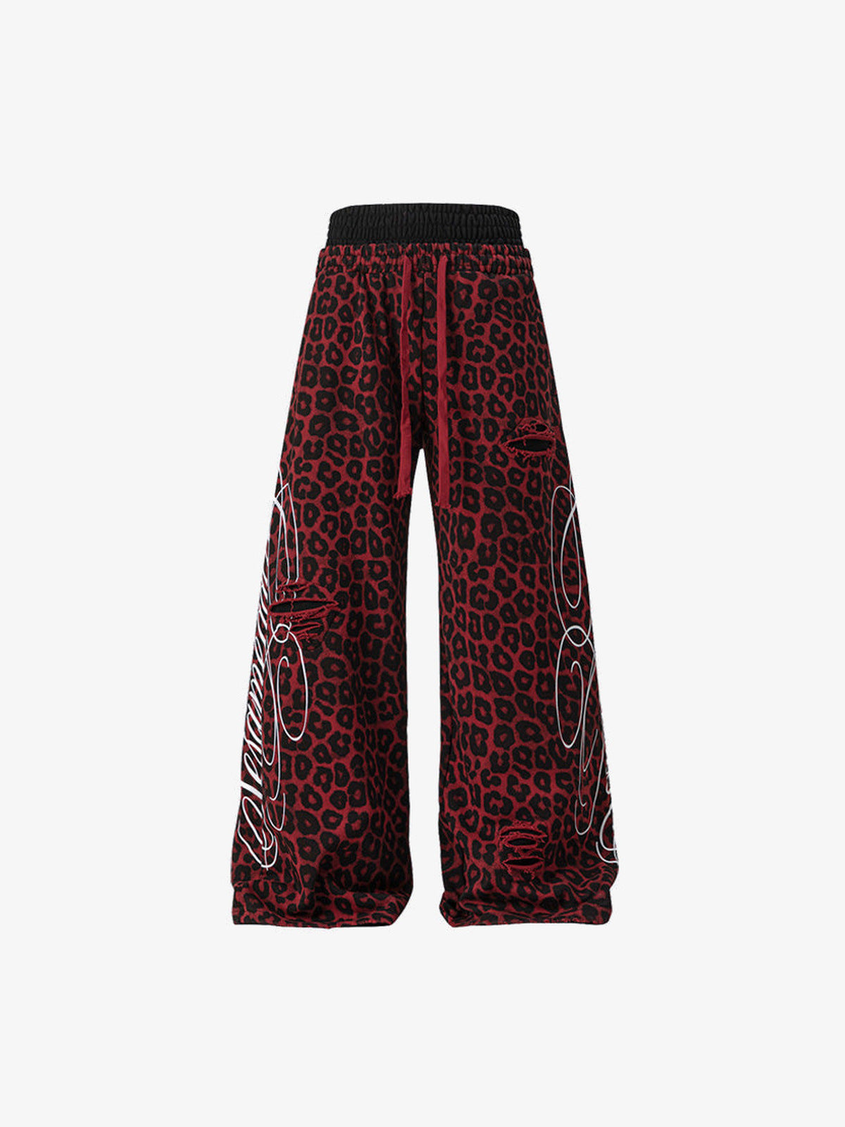 Red Leopard Print Distressed Wide Leg Sweatpants – Red leopard, front view | XoKool