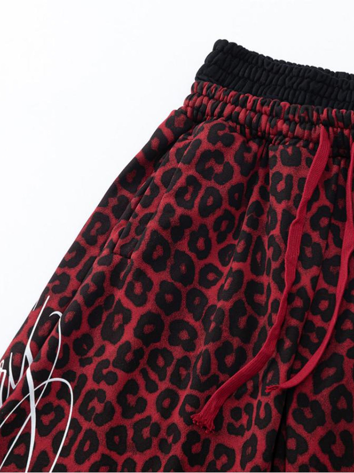 Red Leopard Print Distressed Wide Leg Sweatpants – Waistband and drawstring close-up | XoKool