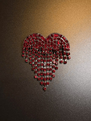 Red Rhinestone Heart Brooch with Fringe – front view, styled background | XoKool