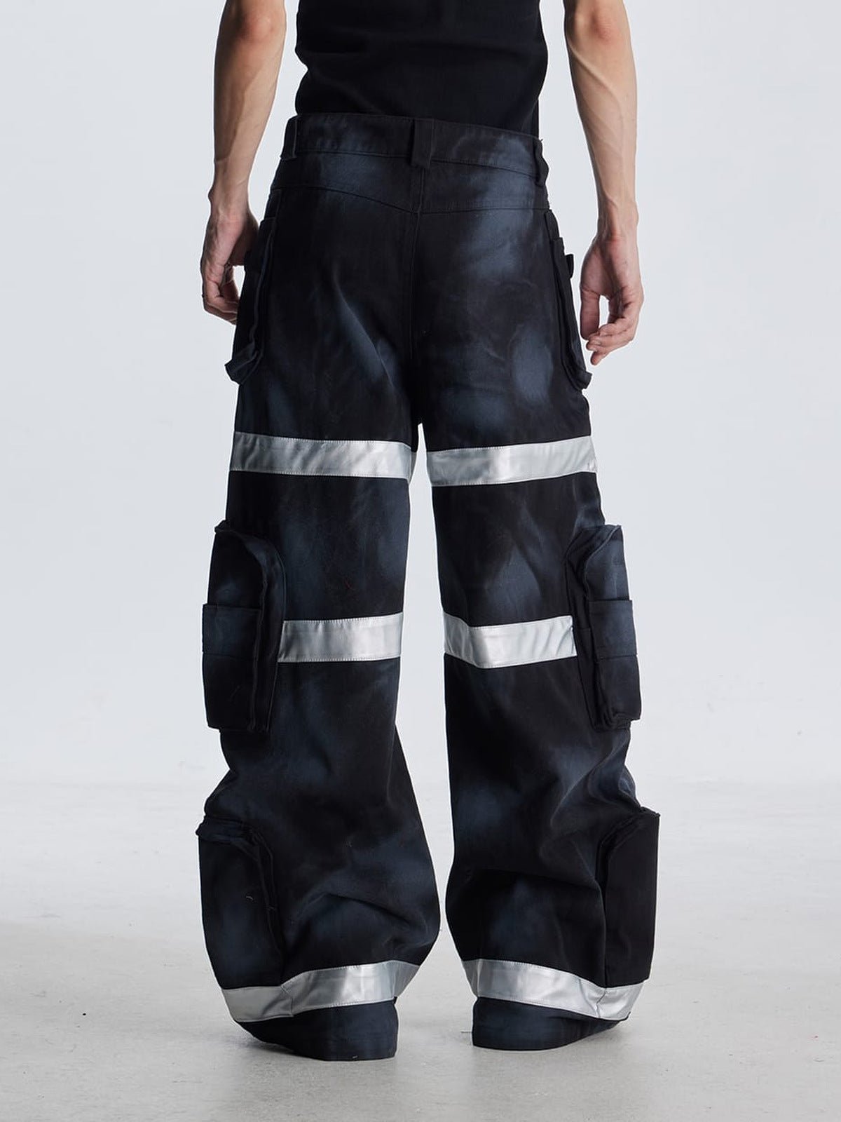 Reflective Stripe Wide Leg Cargo Pants – Black, on model front | XoKool