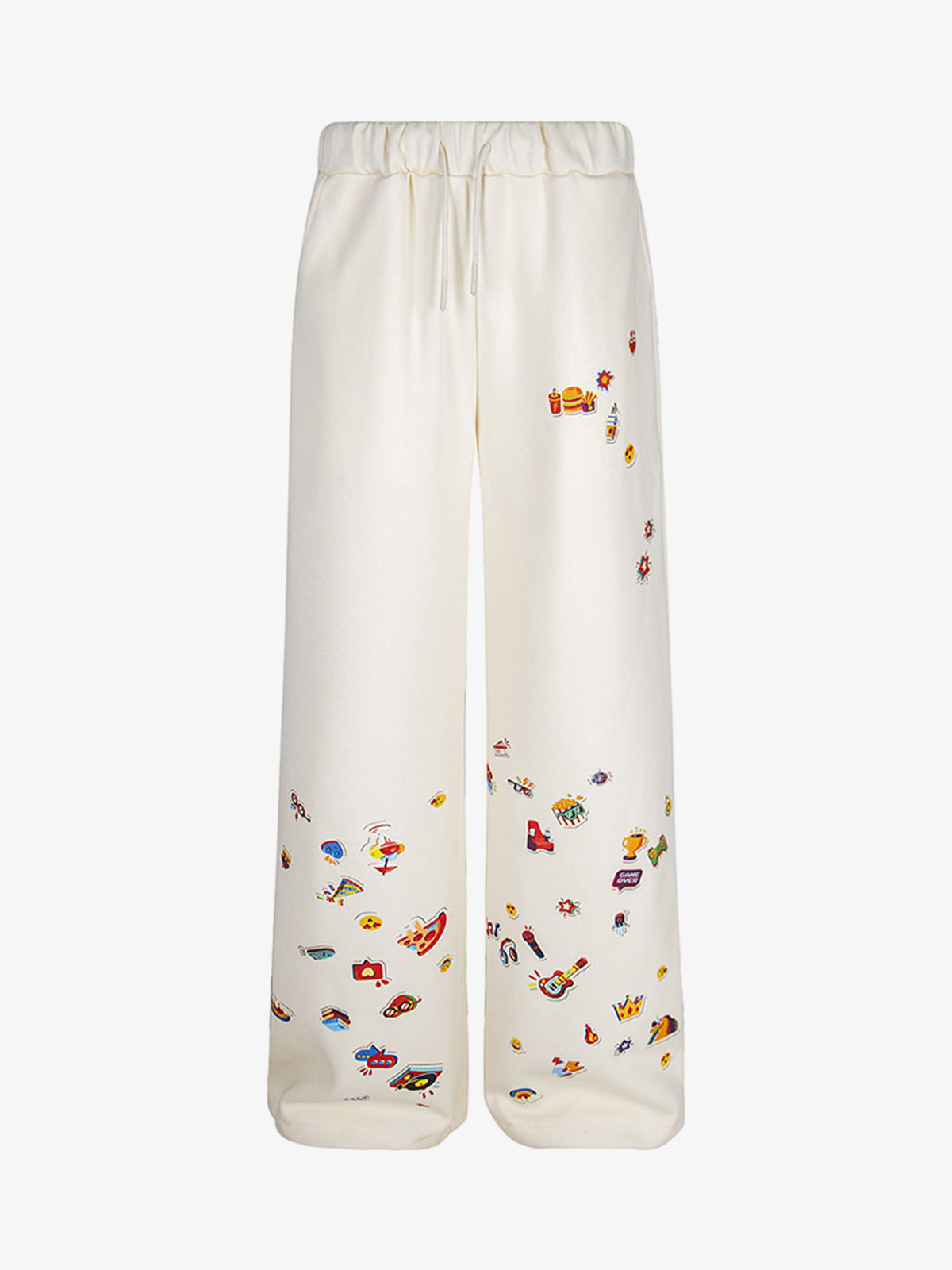Printed Straight Leg Sweatpants with Retro Icons – Apricot, front flat | XoKool