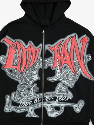 Hoodie gótico con cierre, strass y estampado de calavera – detalle del gráfico frontal | XoKool