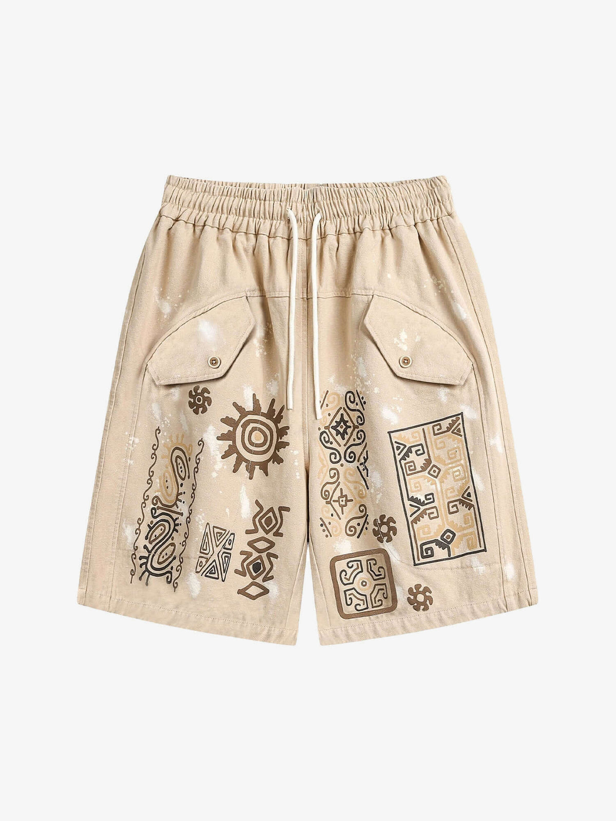 Beige Glyph Print Cargo Shorts with Drawstring – Beige, front flat | XoKool